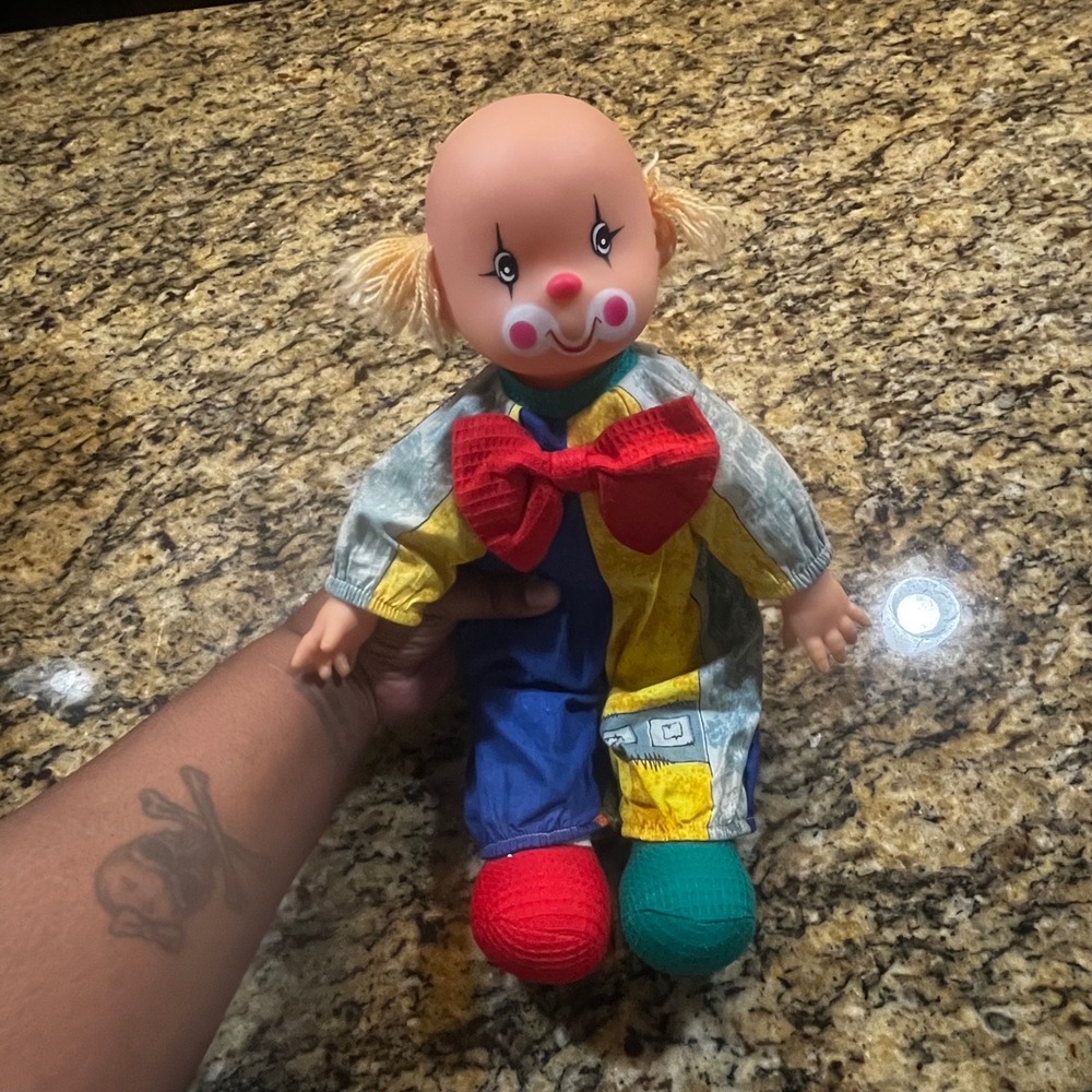 Vintage Clown Doll Soft Body Vinyl Head Blonde Yarn Hair Primary Colors Jumpsuit